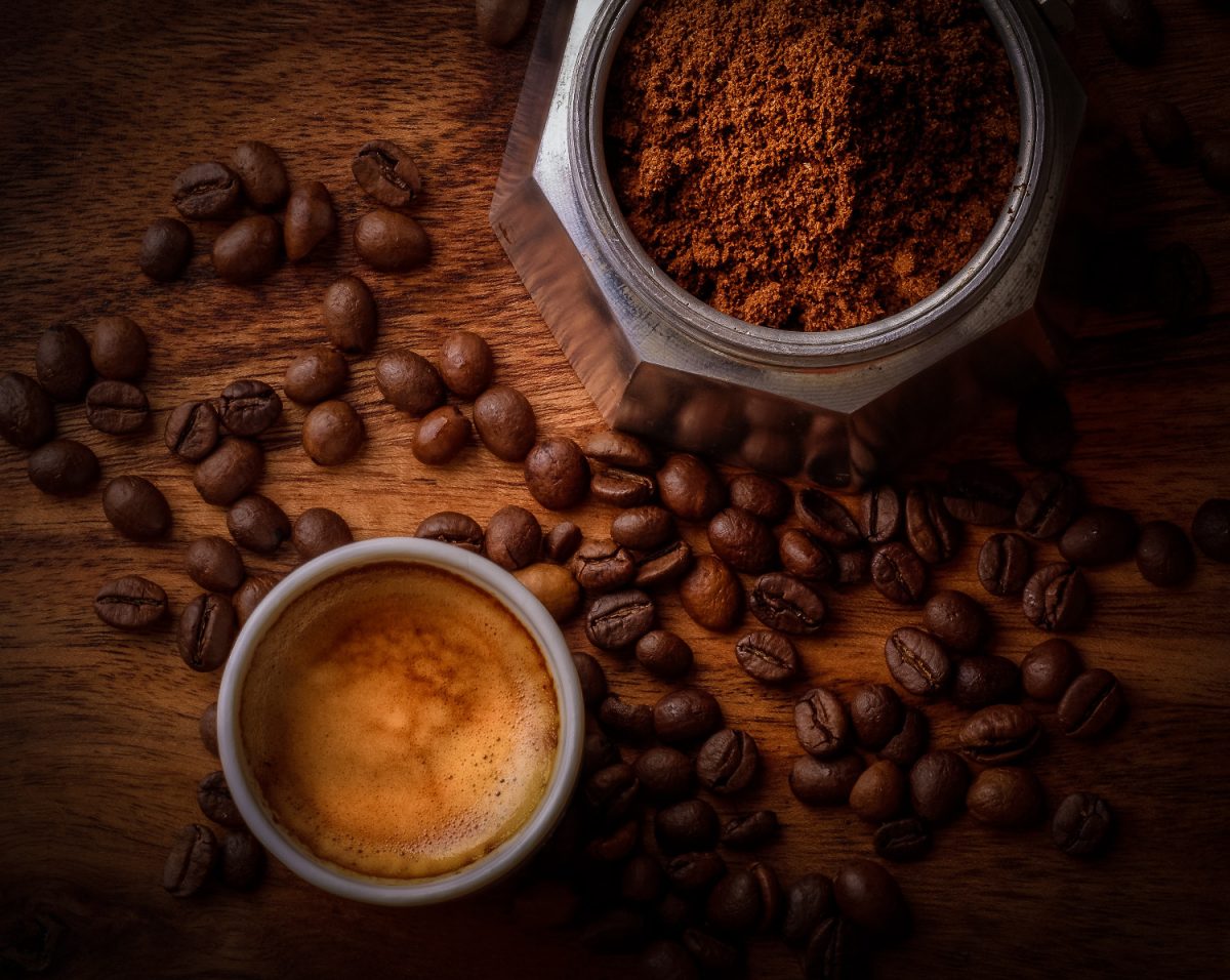 coffee beans and moka pot