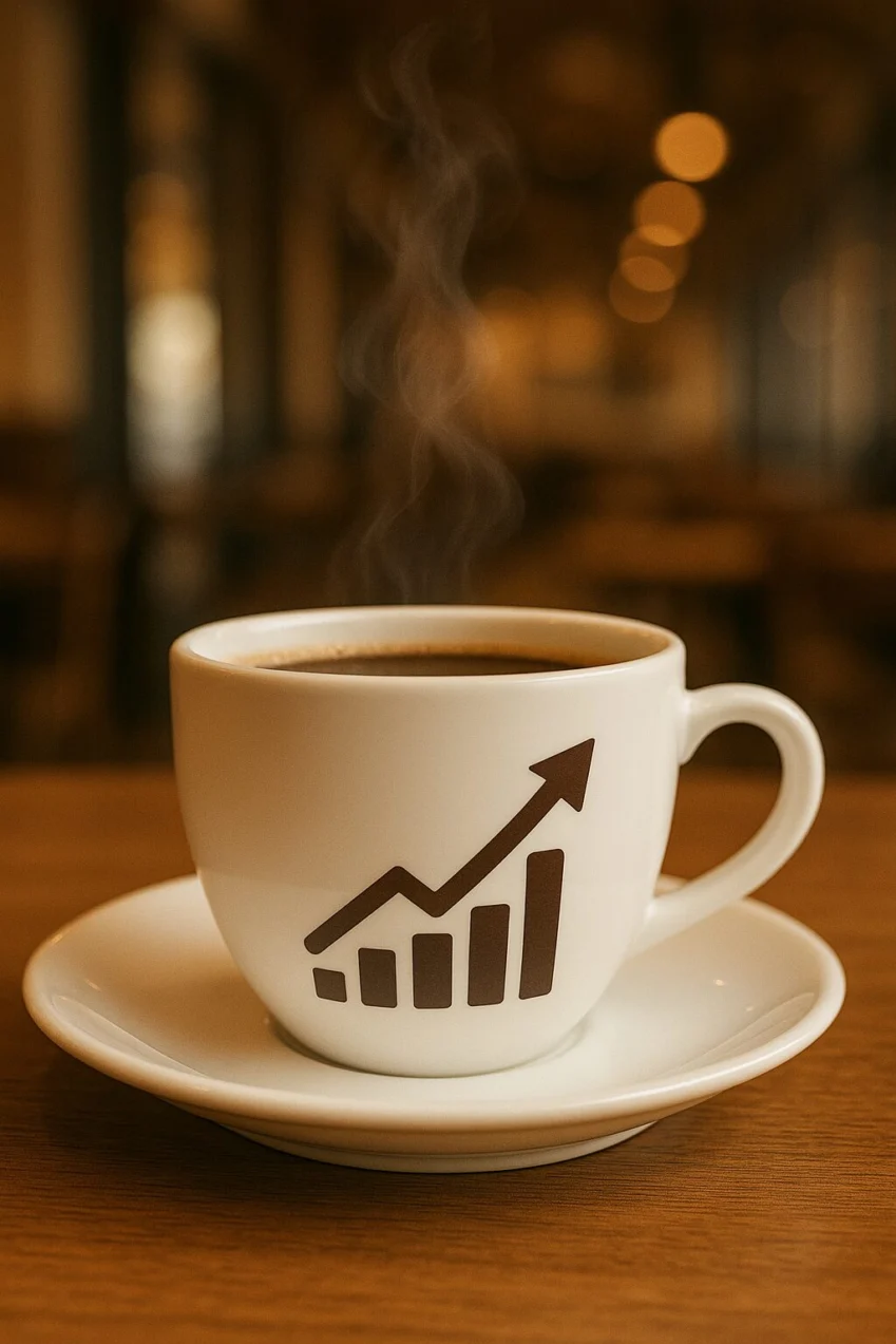 Coffee prices rising again. Cup with rising graph